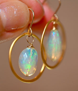 Pinfire Golden Hoop Opal Drop Earrings - OpalOra Jewelry