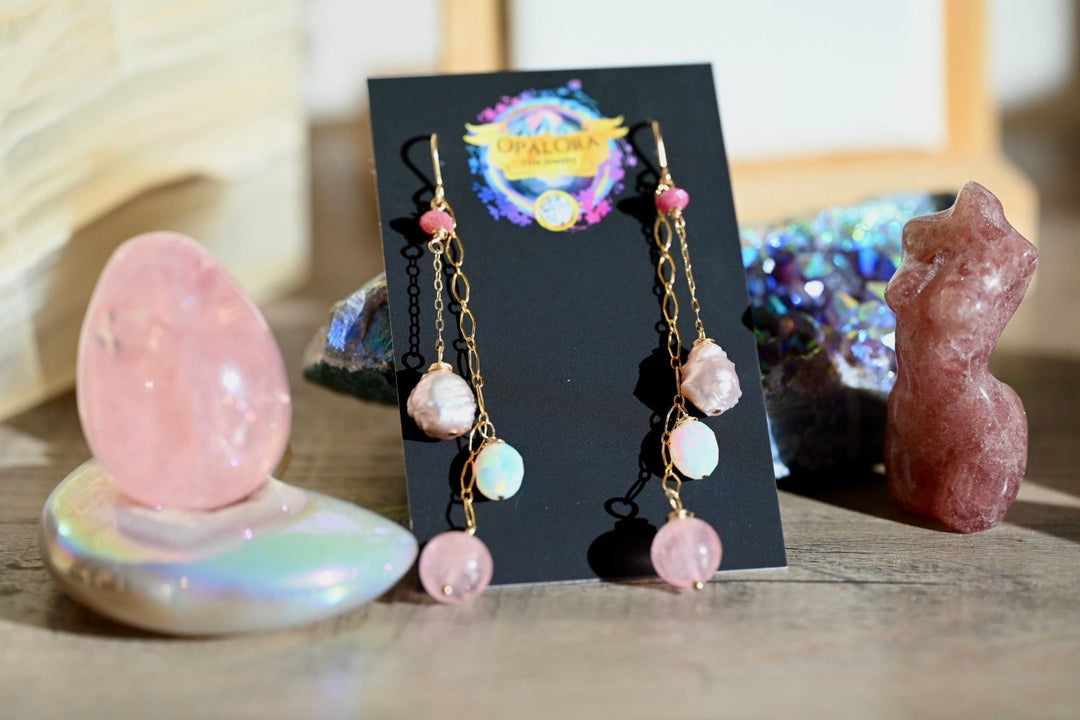 Pretty Pink Dangle Earrings - 14K Gold Fill - Opals, Morganite and Pearls - OpalOra Jewelry