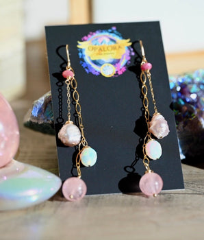 Pretty Pink Dangle Earrings - 14K Gold Fill - Opals, Morganite and Pearls - OpalOra Jewelry