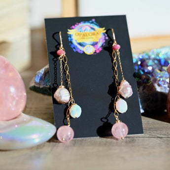 Pretty Pink Dangle Earrings - 14K Gold Fill - Opals, Morganite and Pearls - OpalOra Jewelry