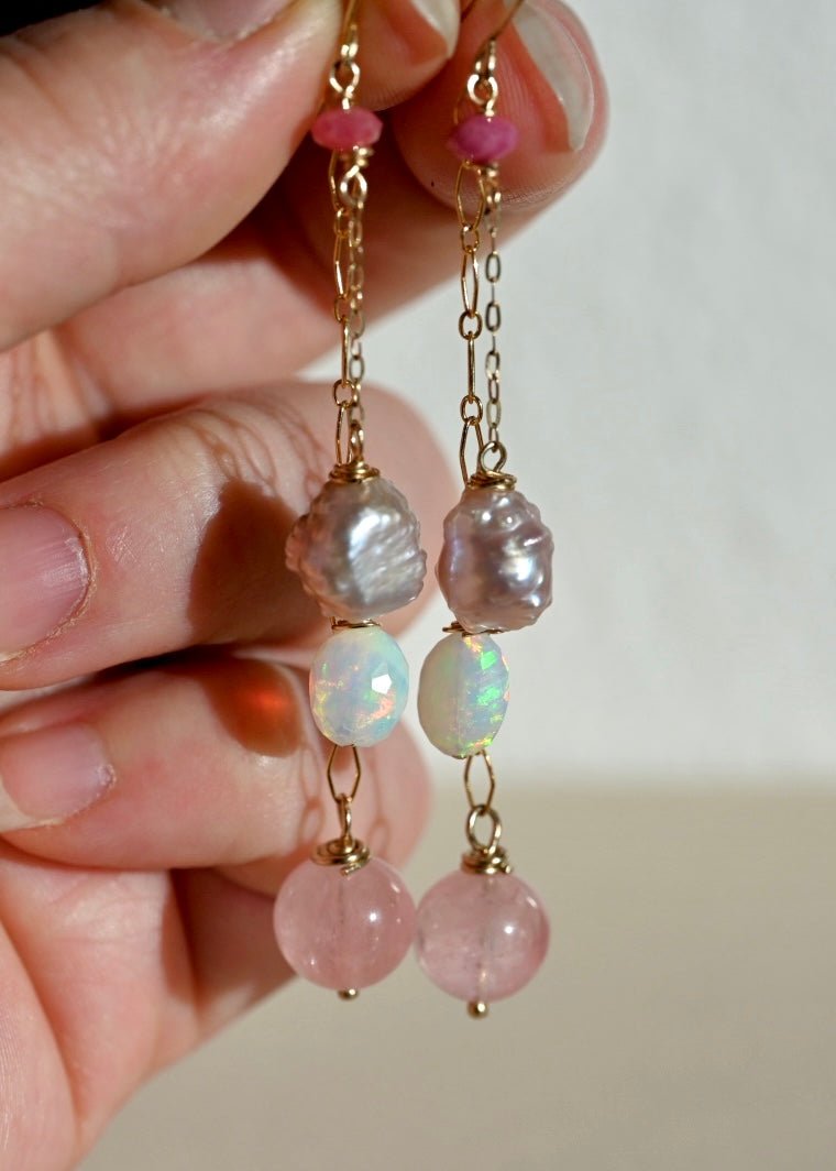 Pretty Pink Dangle Earrings - 14K Gold Fill - Opals, Morganite and Pearls - OpalOra Jewelry