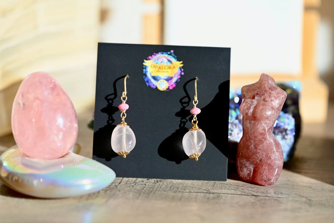 Rose Quartz Drop Earrings- 14K Gold Fill - OpalOra Jewelry