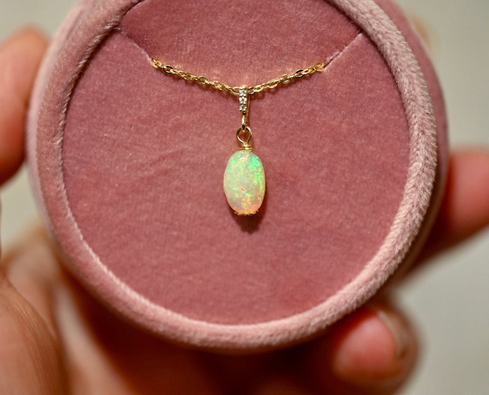 Small Fire Opal with Diamonds - 14K Solid Gold - OpalOra Jewelry