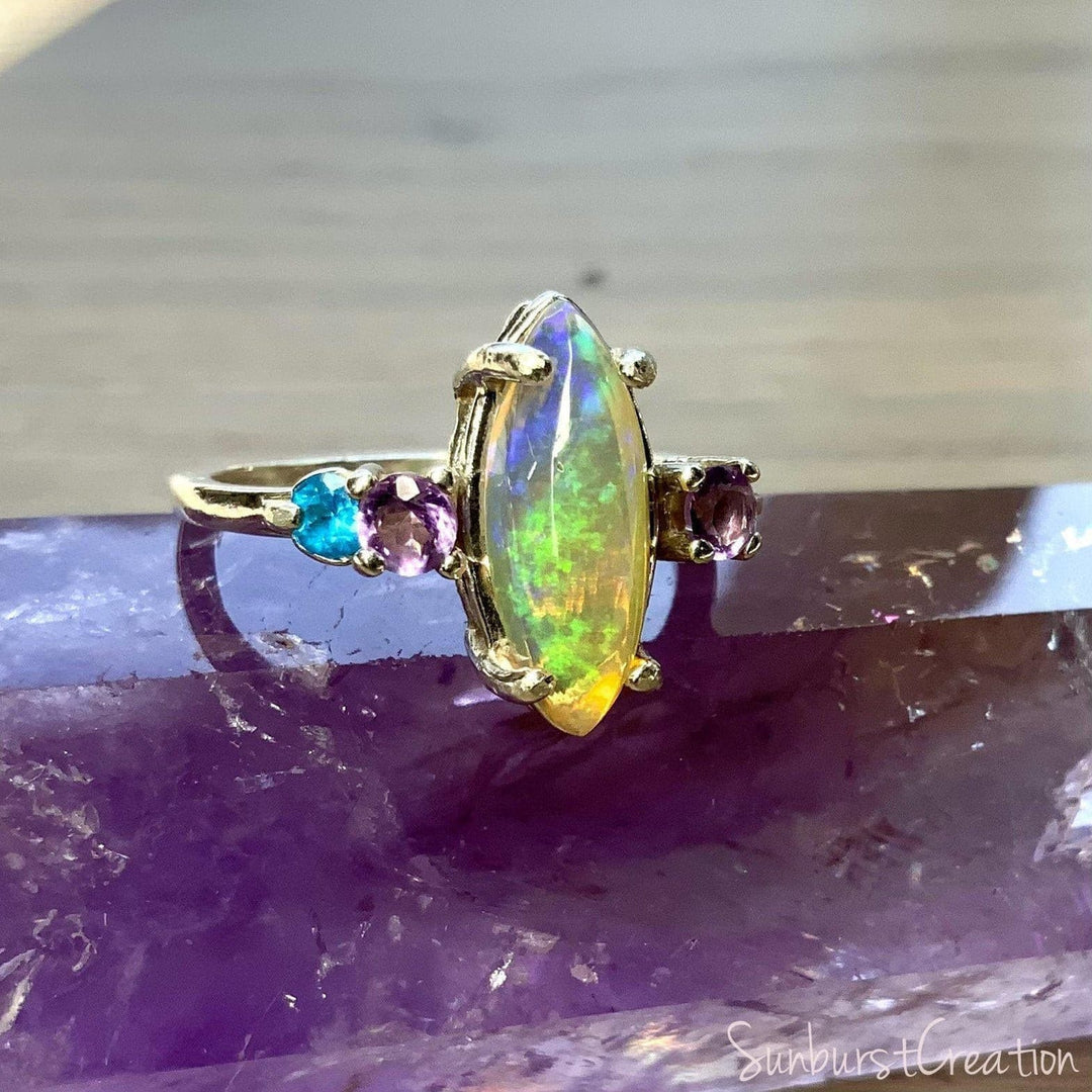 Spring Blossoms Opal, Amethyst and Apatite Ring - OpalOra Jewelry