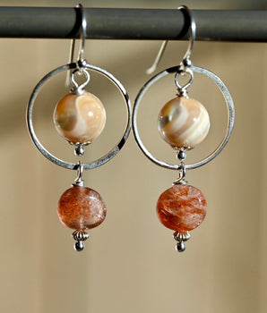 Sunstone and Mother of Pearl Earrings - Sterling Silver - OpalOra Jewelry
