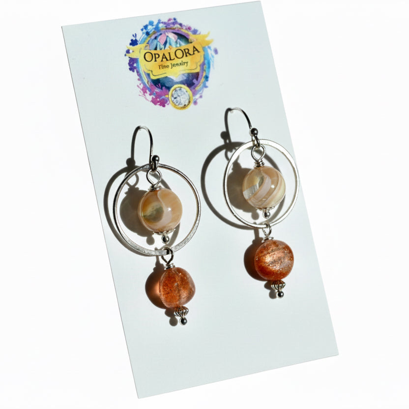 Sunstone and Mother of Pearl Earrings - Sterling Silver - OpalOra Jewelry