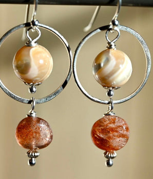 Sunstone and Mother of Pearl Earrings - Sterling Silver - OpalOra Jewelry