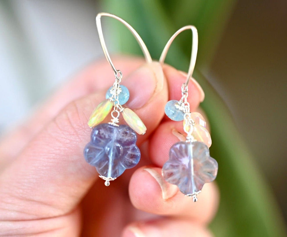 Teal Fluorite Flower Dangle Earrings - OpalOra Jewelry