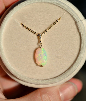White Opal with Diamonds - 14K Solid Gold - OpalOra Jewelry